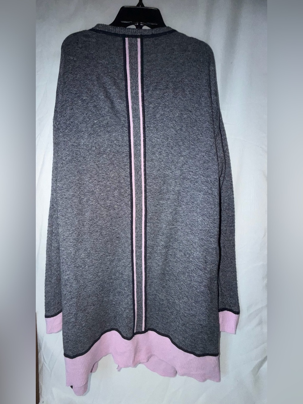 T by Talbots Open Front Long Cardigan Marled Gray Pink Stripe Trim Size M - Picture 9 of 9